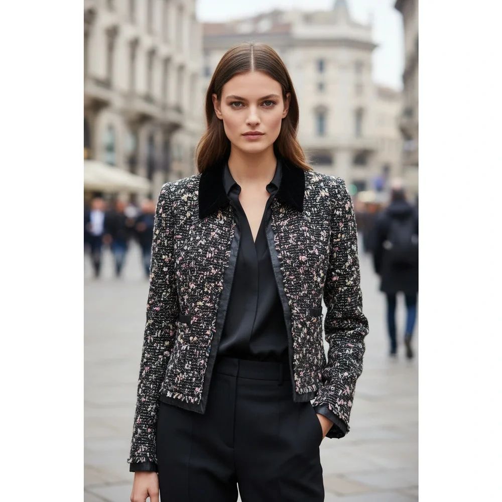 CHANEL Size 4 Black Multi-Color Wool Blend Open Front Jacket